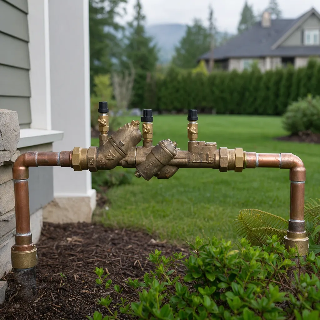 A residential backflow prevention assembly with brass valves and test cocks, installed beside a home